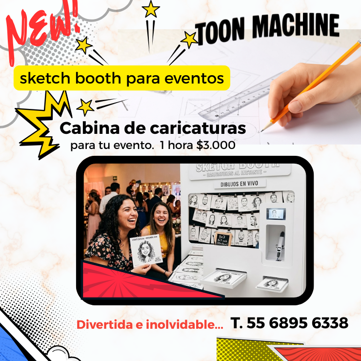 Invitados VIP sonriendo mientras reciben su caricatura en vivo en la cabina Sketch Booth durante un evento exclusivo en Lomas de Chapultepec.